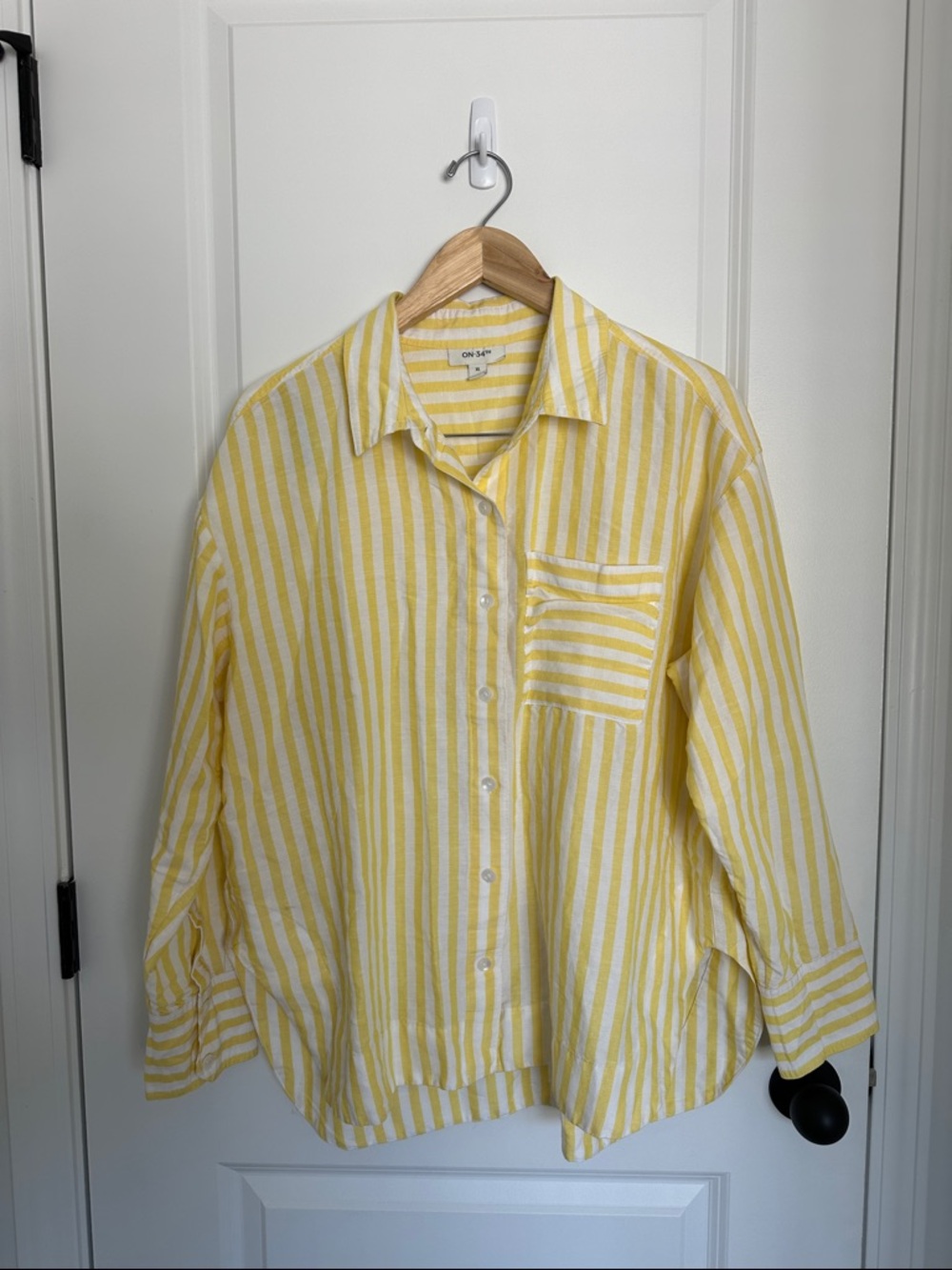 ON·34TH Women’s Linen Blend Striped Button Shirt Yellow/White XL